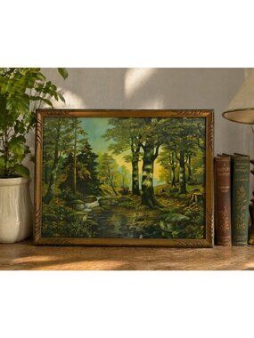 Vintage 60s Framed Forest Print Stream Wall Art 17" x 13" Glass & Carved Frame